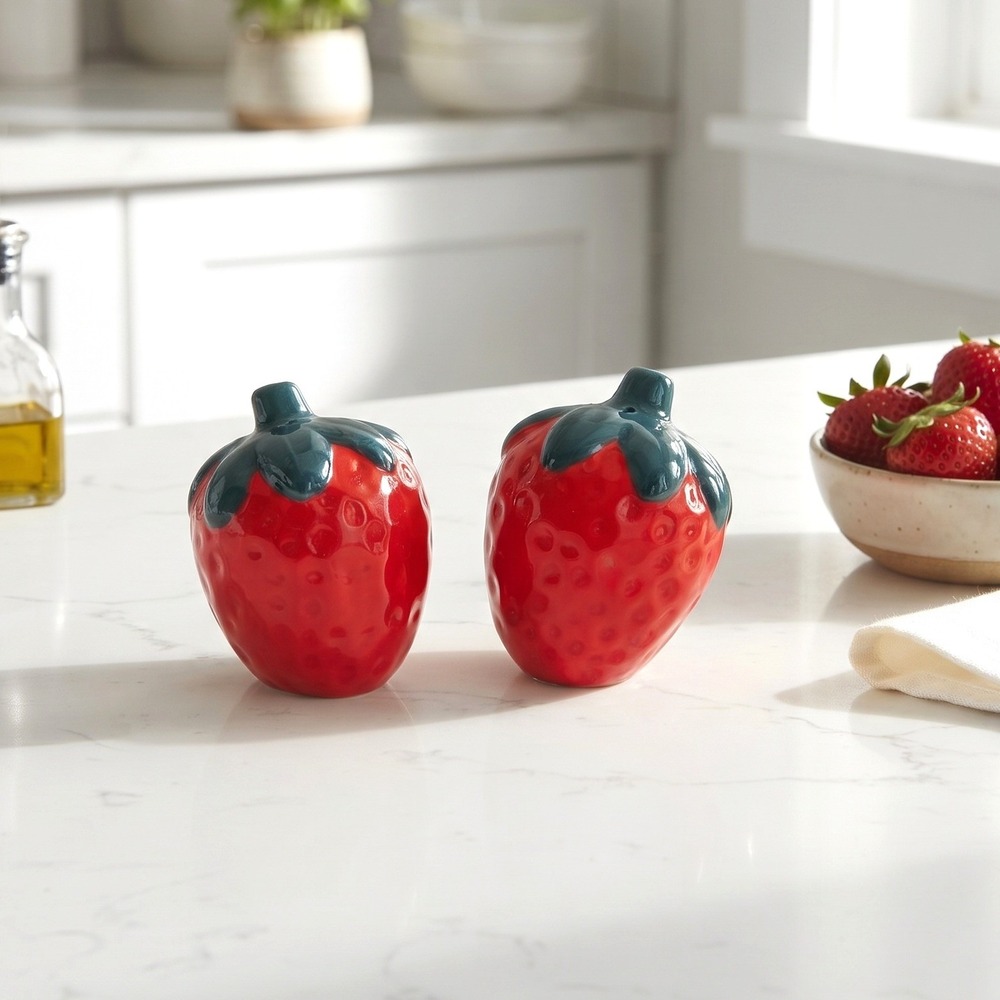 DOIY Ceramic Strawberry Salt and Pepper Shaker Set Red Green Fruit Kitchen Decor